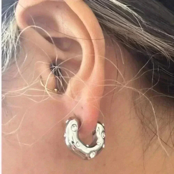 Stainless Steel Cubic Zirconia Decor Cuff Hoop Earrings F - Picture 4 of 4